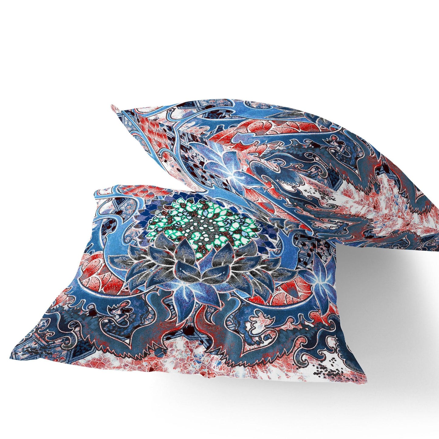 Set of Two 16" X 16" Blue and Pink Blown Seam Floral Indoor Outdoor Throw Pillow - FurniFindUSA