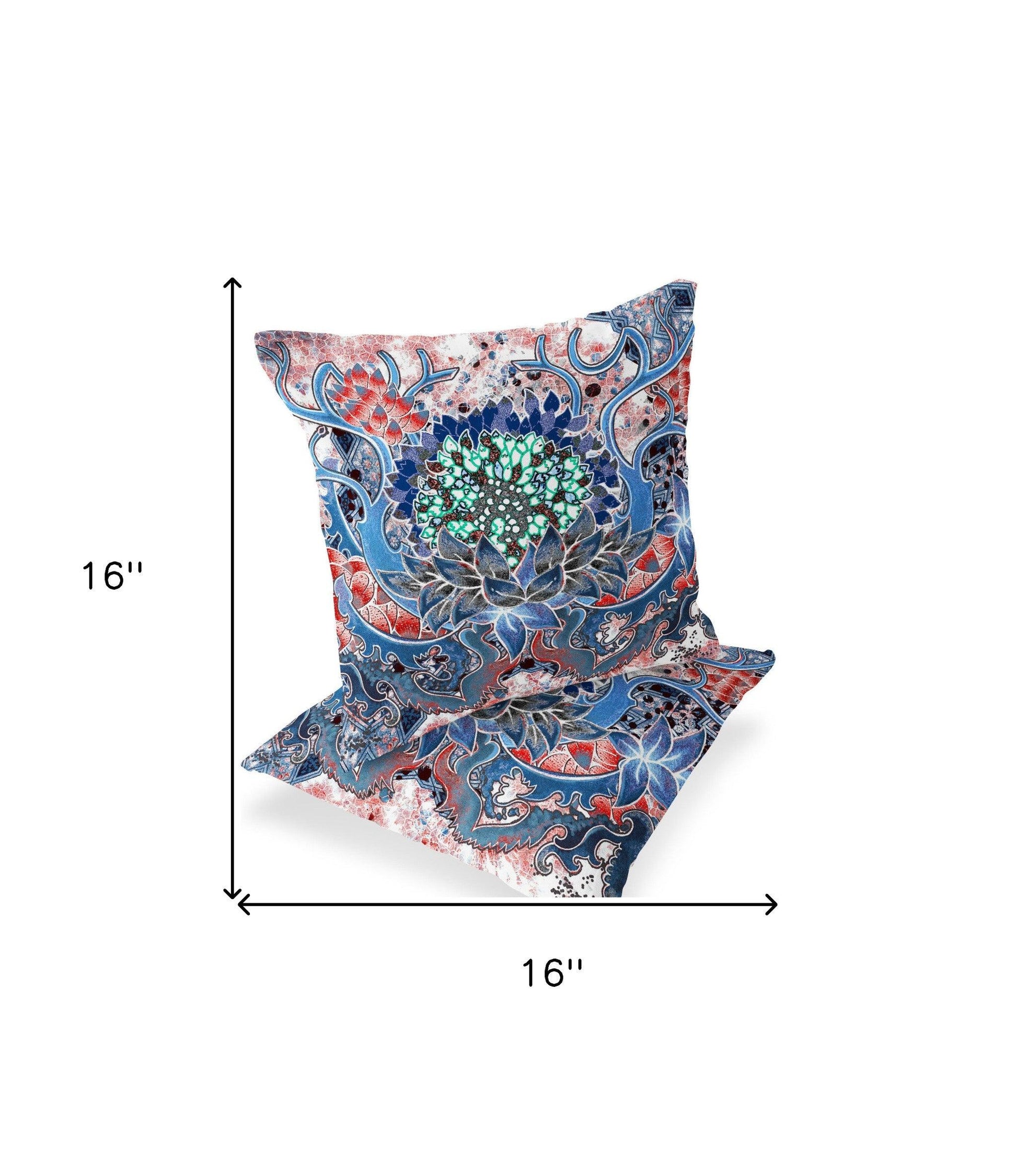 Set of Two 16" X 16" Blue and Pink Blown Seam Floral Indoor Outdoor Throw Pillow - FurniFindUSA