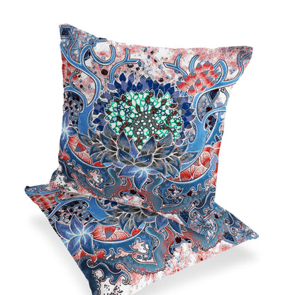 Set of Two 16" X 16" Blue and Pink Blown Seam Floral Indoor Outdoor Throw Pillow - FurniFindUSA