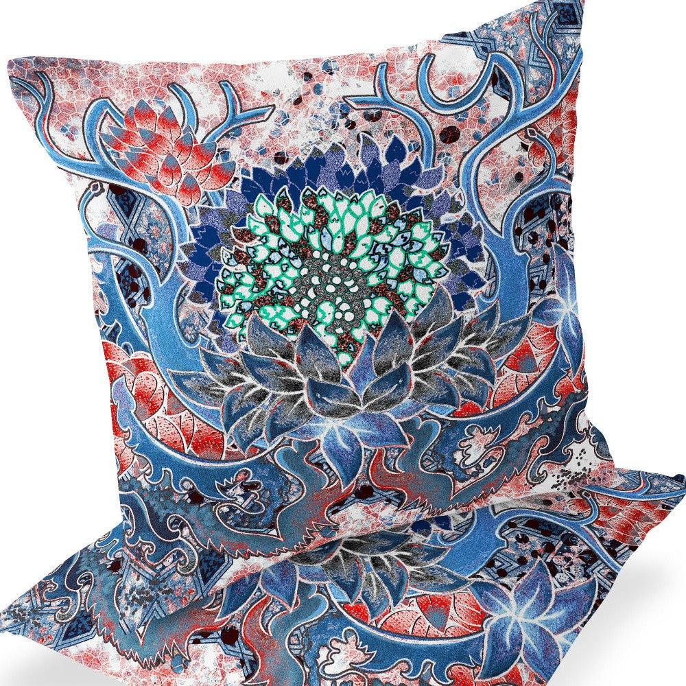 Set of Two 16" X 16" Blue and Pink Blown Seam Floral Indoor Outdoor Throw Pillow - FurniFindUSA