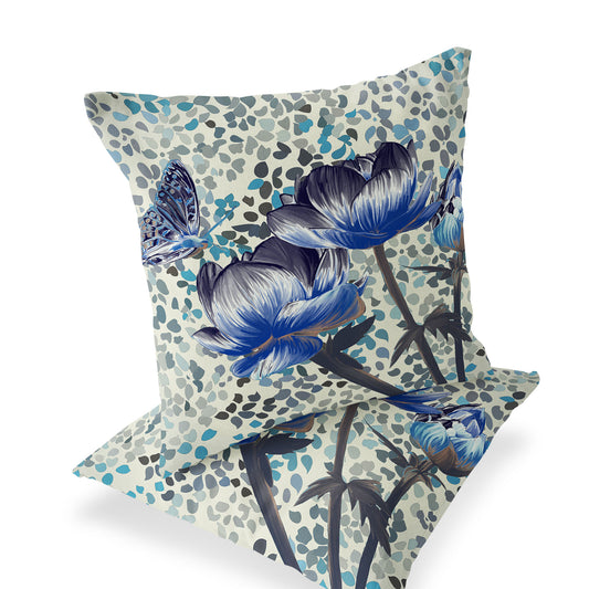Set of Two 16" X 16" Blue and Green Butterfly Blown Seam Floral Indoor Outdoor Throw Pillow