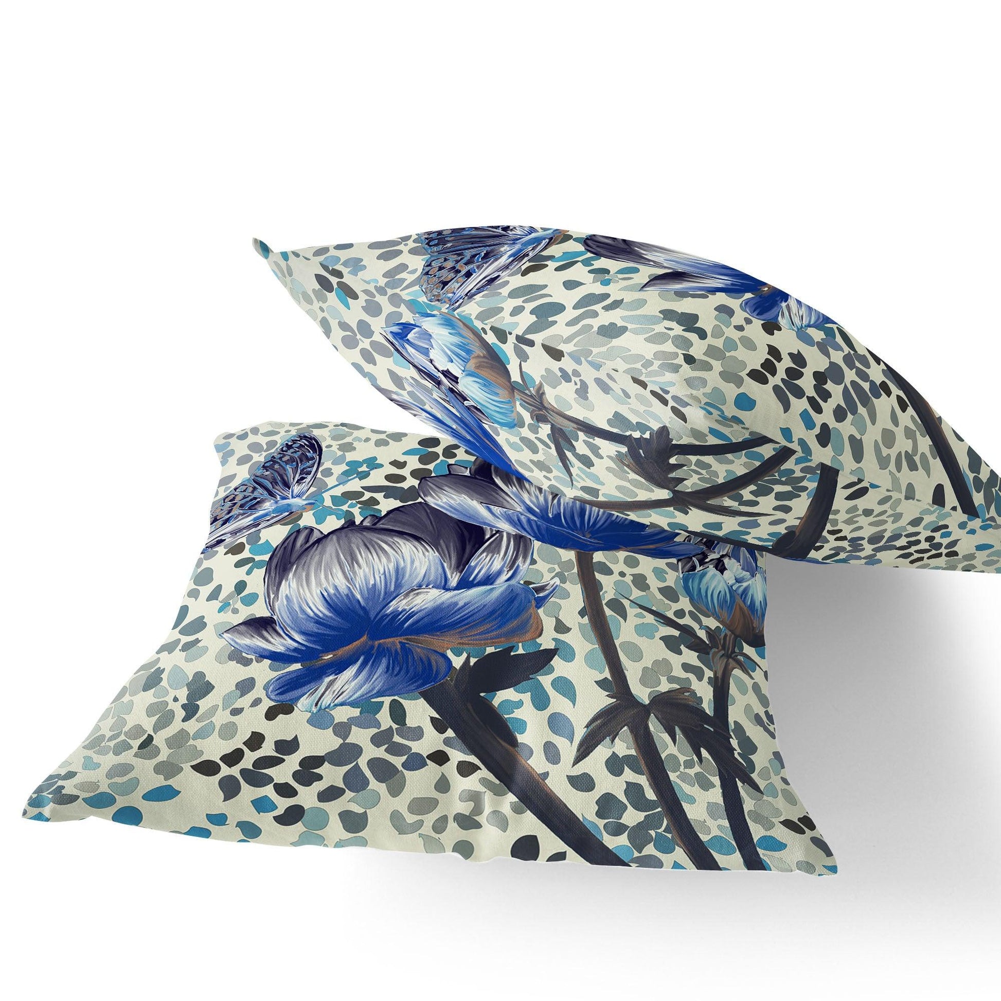 Set of Two 16" X 16" Blue and Green Butterfly Blown Seam Floral Indoor Outdoor Throw Pillow - FurniFindUSA