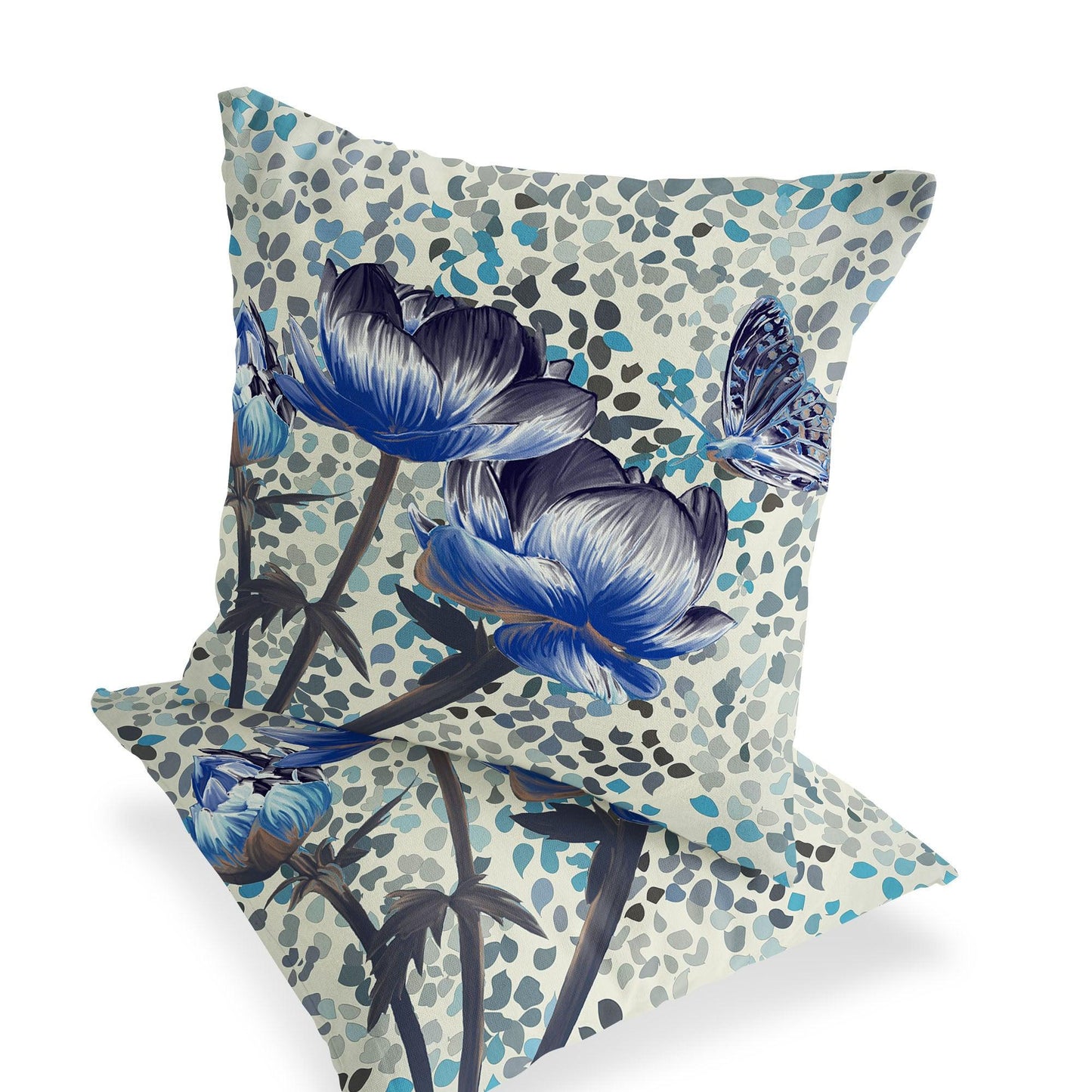 Set of Two 16" X 16" Blue and Green Butterfly Blown Seam Floral Indoor Outdoor Throw Pillow - FurniFindUSA