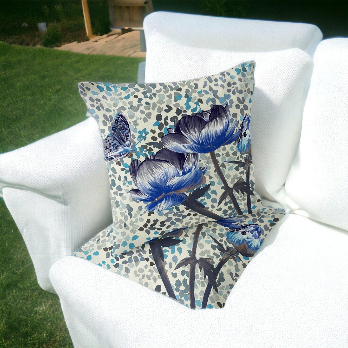 Set of Two 16" X 16" Blue and Green Butterfly Blown Seam Floral Indoor Outdoor Throw Pillow - FurniFindUSA