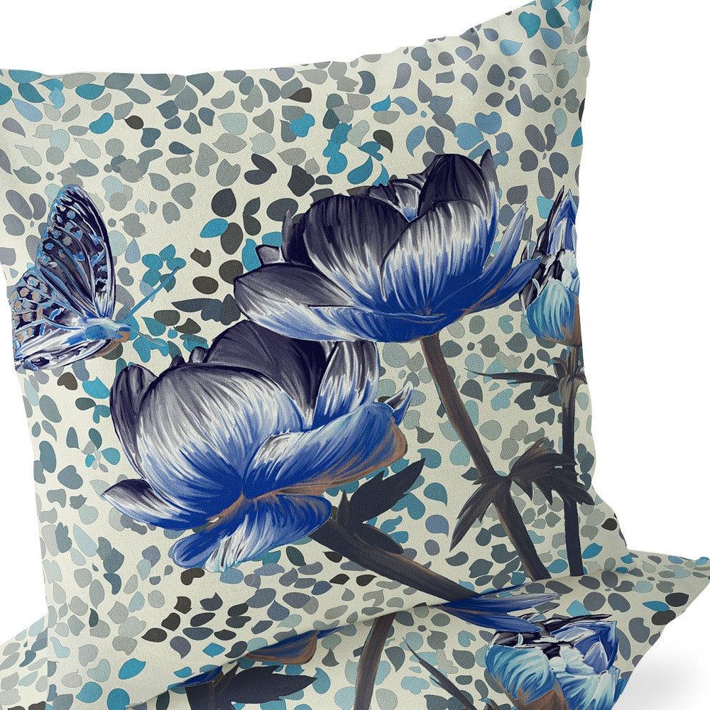 Set of Two 16" X 16" Blue and Green Butterfly Blown Seam Floral Indoor Outdoor Throw Pillow - FurniFindUSA