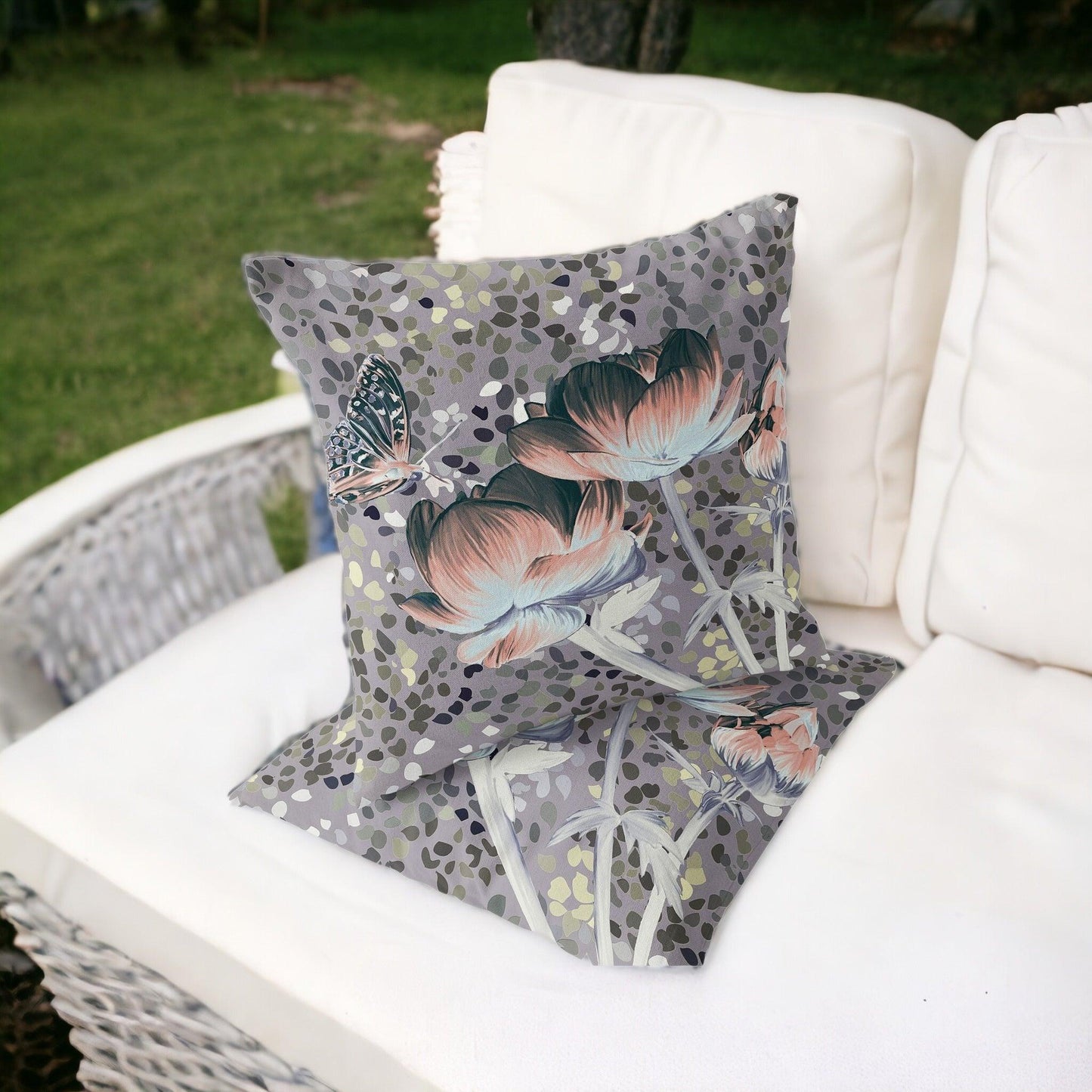 Set of Two 16" X 16" Gray and Pink Butterfly Blown Seam Floral Indoor Outdoor Throw Pillow - FurniFindUSA