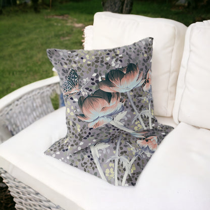 Set of Two 16" X 16" Gray and Pink Butterfly Blown Seam Floral Indoor Outdoor Throw Pillow