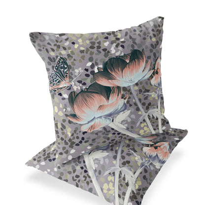 Set of Two 16" X 16" Gray and Pink Butterfly Blown Seam Floral Indoor Outdoor Throw Pillow