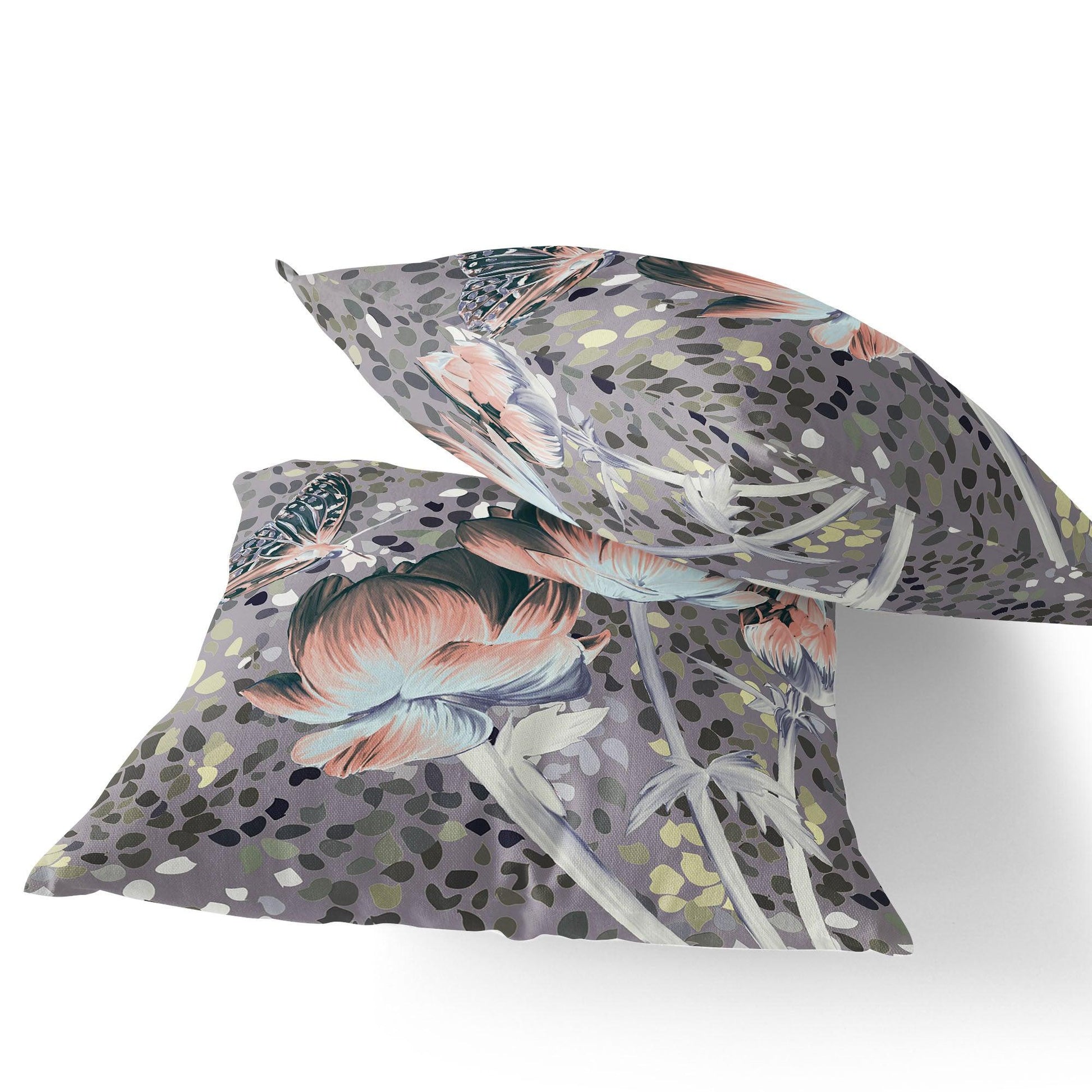 Set of Two 16" X 16" Gray and Pink Butterfly Blown Seam Floral Indoor Outdoor Throw Pillow - FurniFindUSA