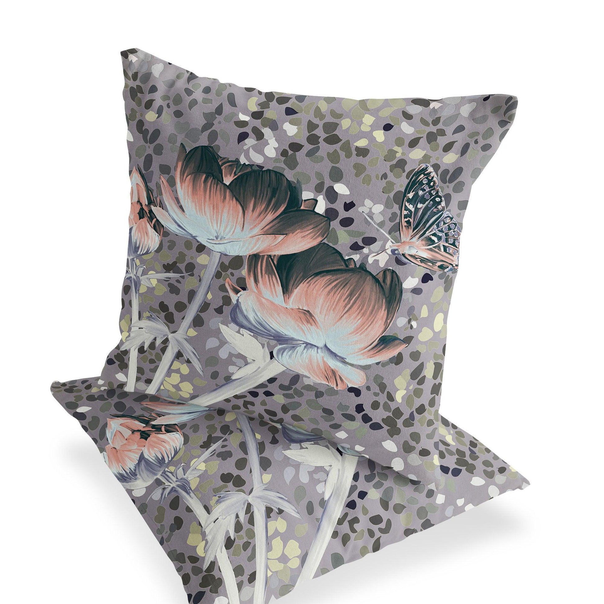 Set of Two 16" X 16" Gray and Pink Butterfly Blown Seam Floral Indoor Outdoor Throw Pillow - FurniFindUSA