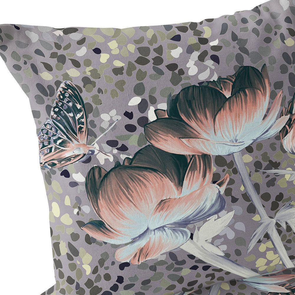 Set of Two 16" X 16" Gray and Pink Butterfly Blown Seam Floral Indoor Outdoor Throw Pillow