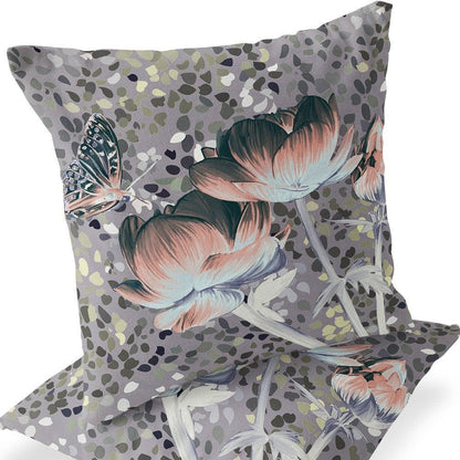 Set of Two 16" X 16" Gray and Pink Butterfly Blown Seam Floral Indoor Outdoor Throw Pillow - FurniFindUSA