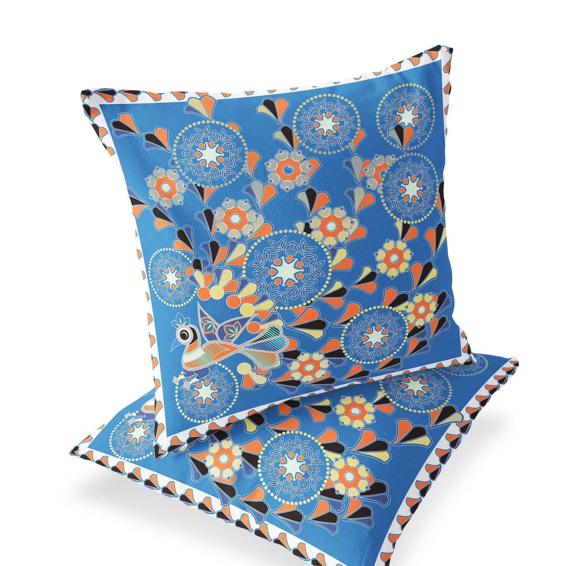 Set of Two 16" X 16" Blue and Orange Peacock Blown Seam Floral Indoor Outdoor Throw Pillow - FurniFindUSA