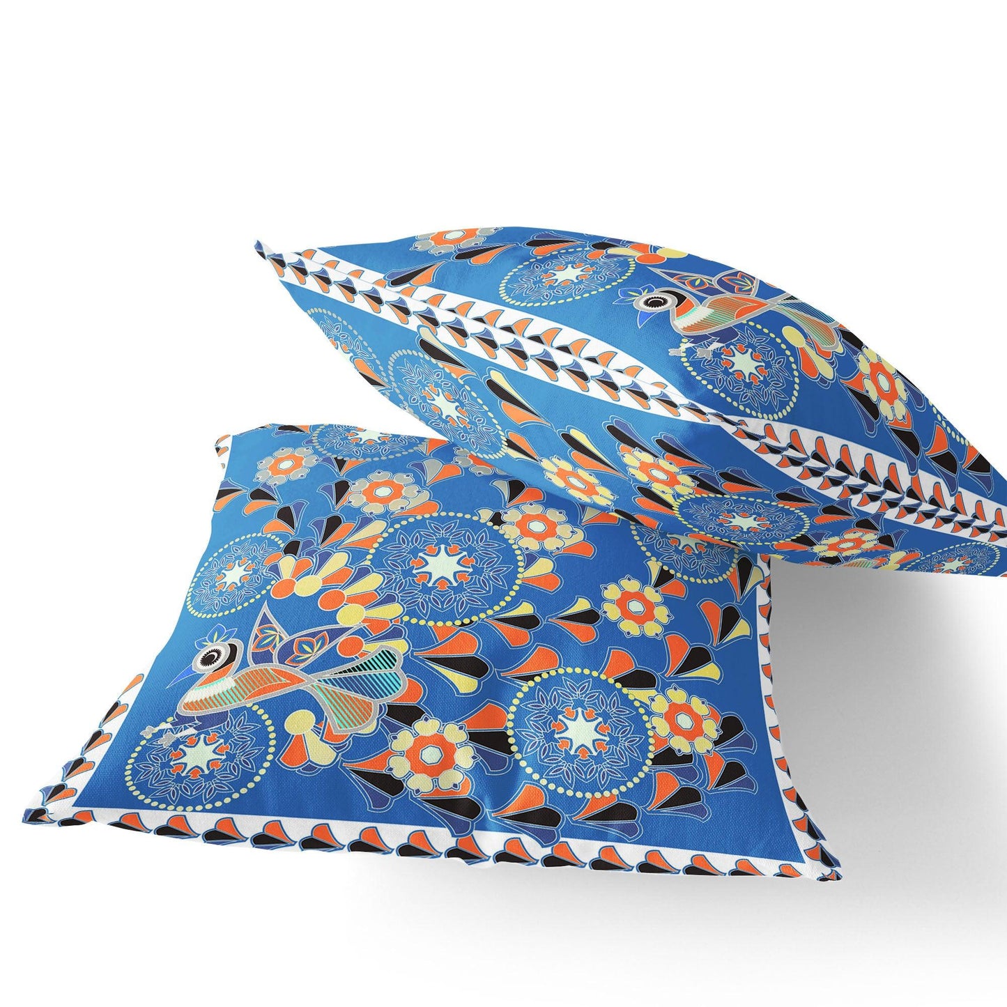 Set of Two 16" X 16" Blue and Orange Peacock Blown Seam Floral Indoor Outdoor Throw Pillow - FurniFindUSA