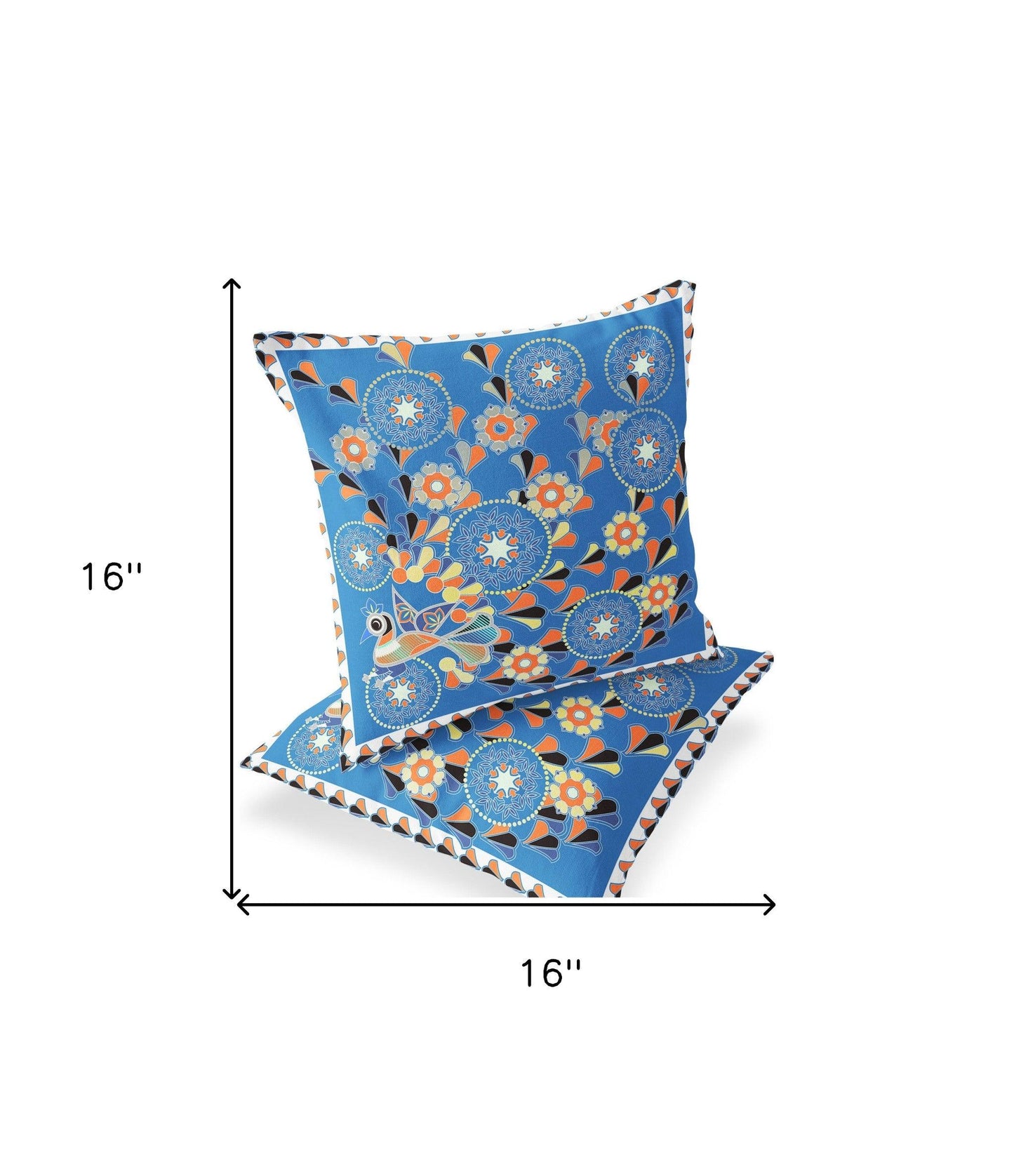 Set of Two 16" X 16" Blue and Orange Peacock Blown Seam Floral Indoor Outdoor Throw Pillow - FurniFindUSA