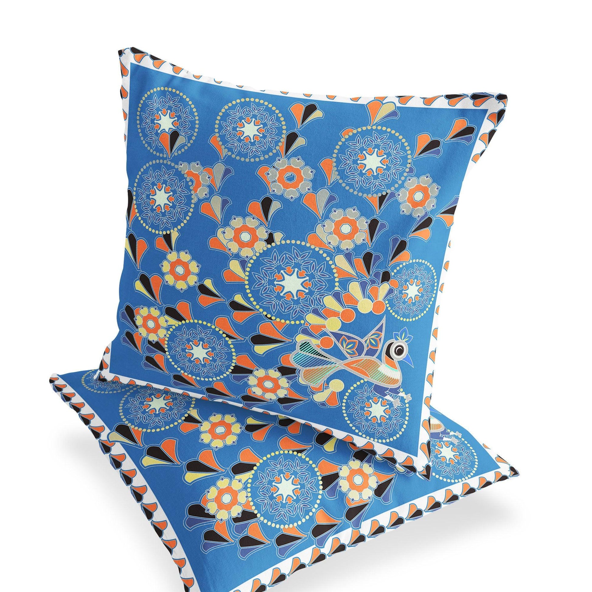 Set of Two 16" X 16" Blue and Orange Peacock Blown Seam Floral Indoor Outdoor Throw Pillow - FurniFindUSA