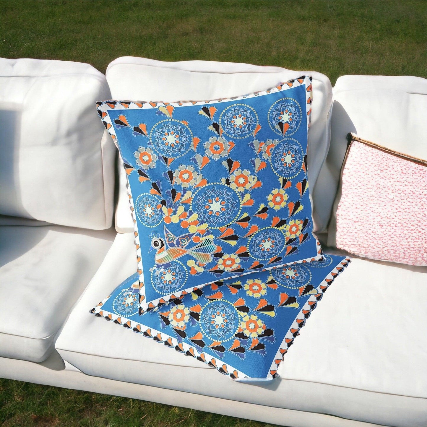 Set of Two 16" X 16" Blue and Orange Peacock Blown Seam Floral Indoor Outdoor Throw Pillow - FurniFindUSA