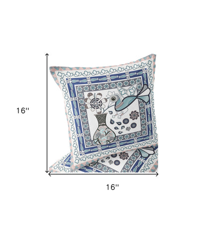 Set of Two 16" X 16" Gray and White Peacock Blown Seam Floral Indoor Outdoor Throw Pillow