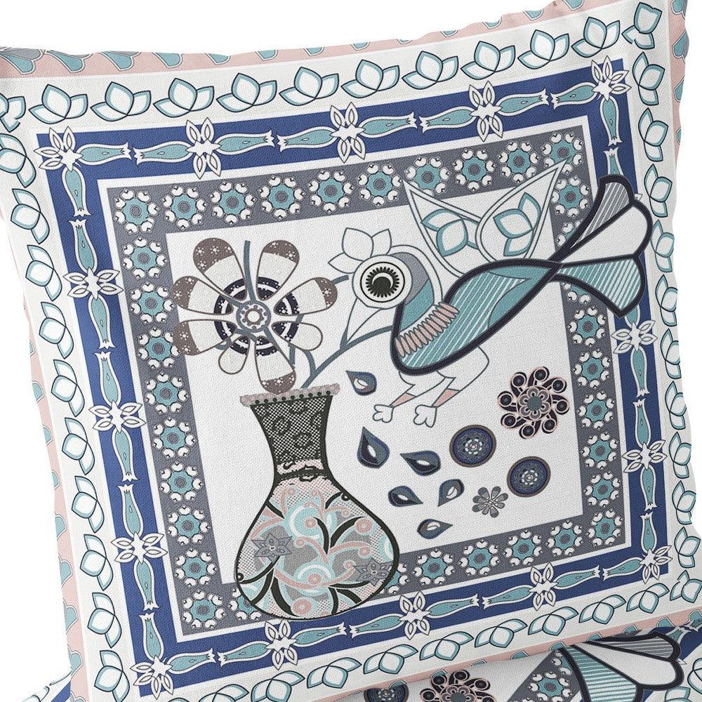 Set of Two 16" X 16" Gray and White Peacock Blown Seam Floral Indoor Outdoor Throw Pillow - FurniFindUSA