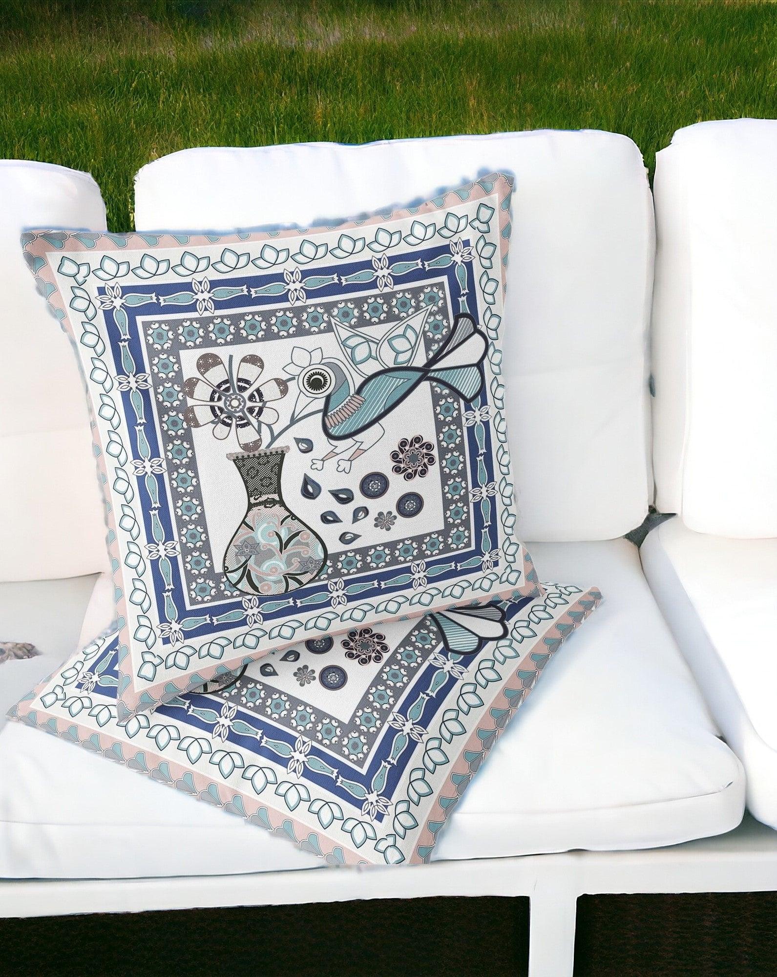 Set of Two 16" X 16" Gray and White Peacock Blown Seam Floral Indoor Outdoor Throw Pillow - FurniFindUSA