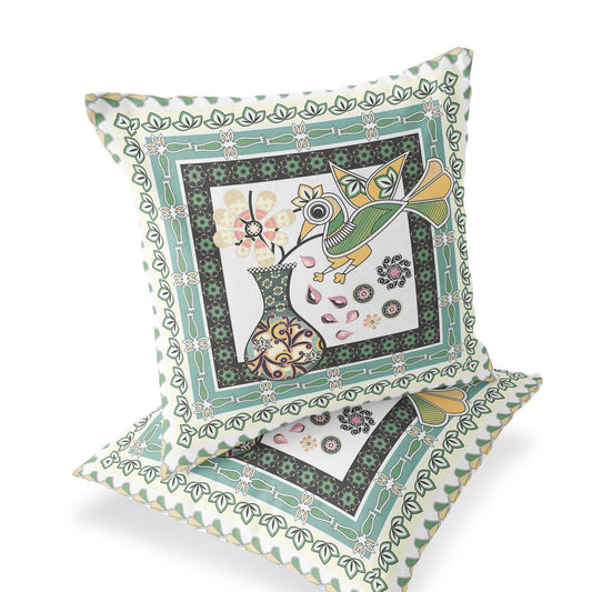 Set of Two 16" X 16" Green and White Peacock Blown Seam Floral Indoor Outdoor Throw Pillow