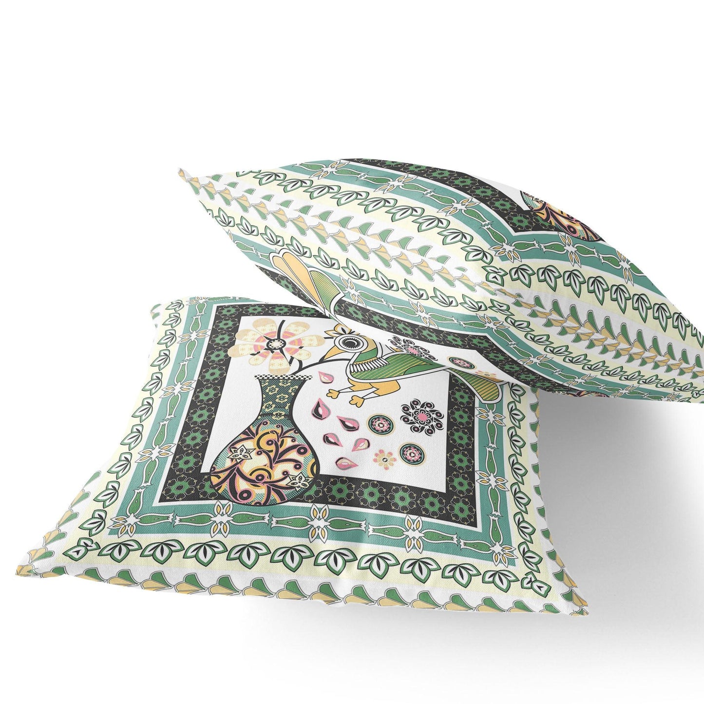 Set of Two 16" X 16" Green and White Peacock Blown Seam Floral Indoor Outdoor Throw Pillow - FurniFindUSA