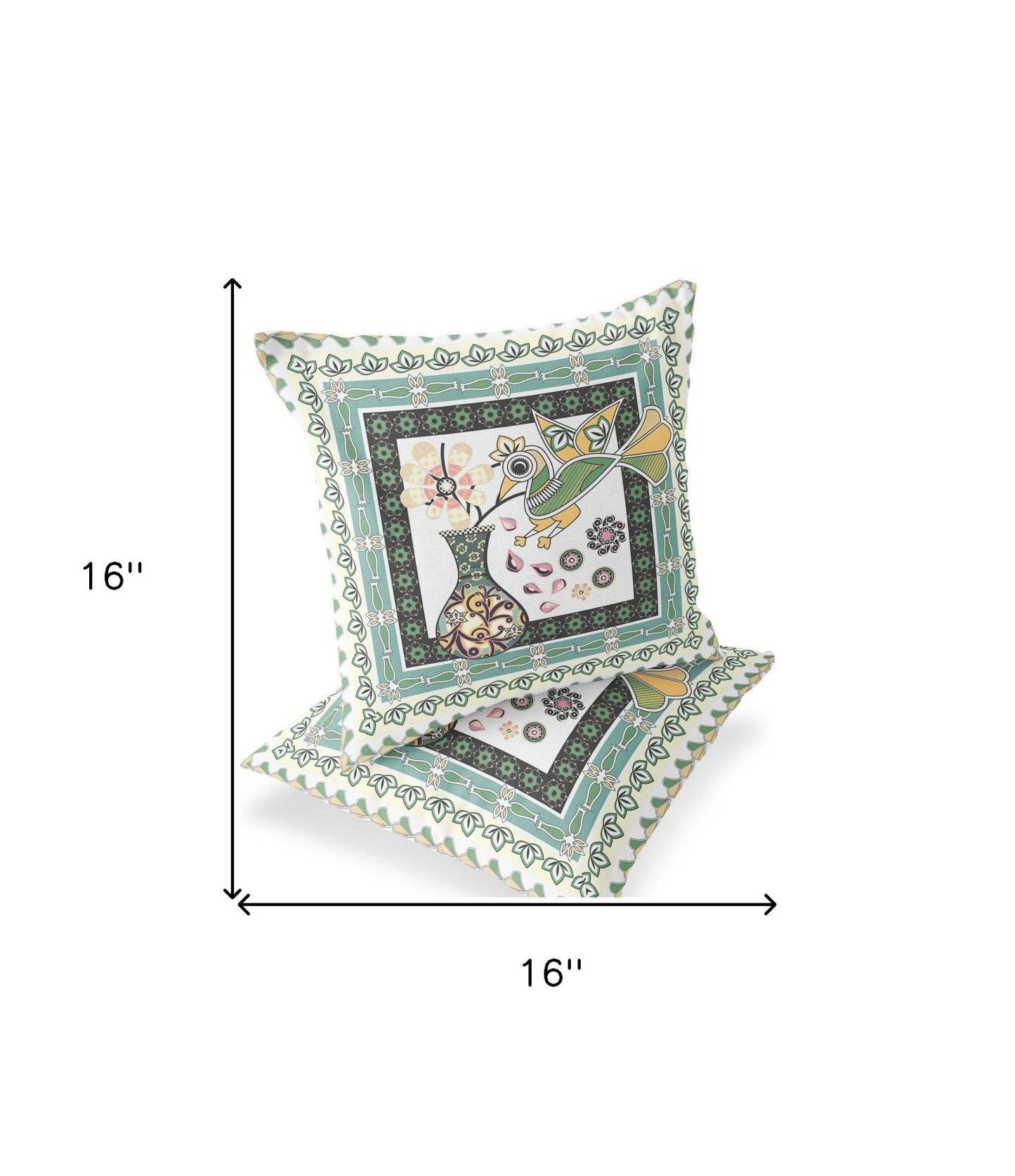 Set of Two 16" X 16" Green and White Peacock Blown Seam Floral Indoor Outdoor Throw Pillow - FurniFindUSA