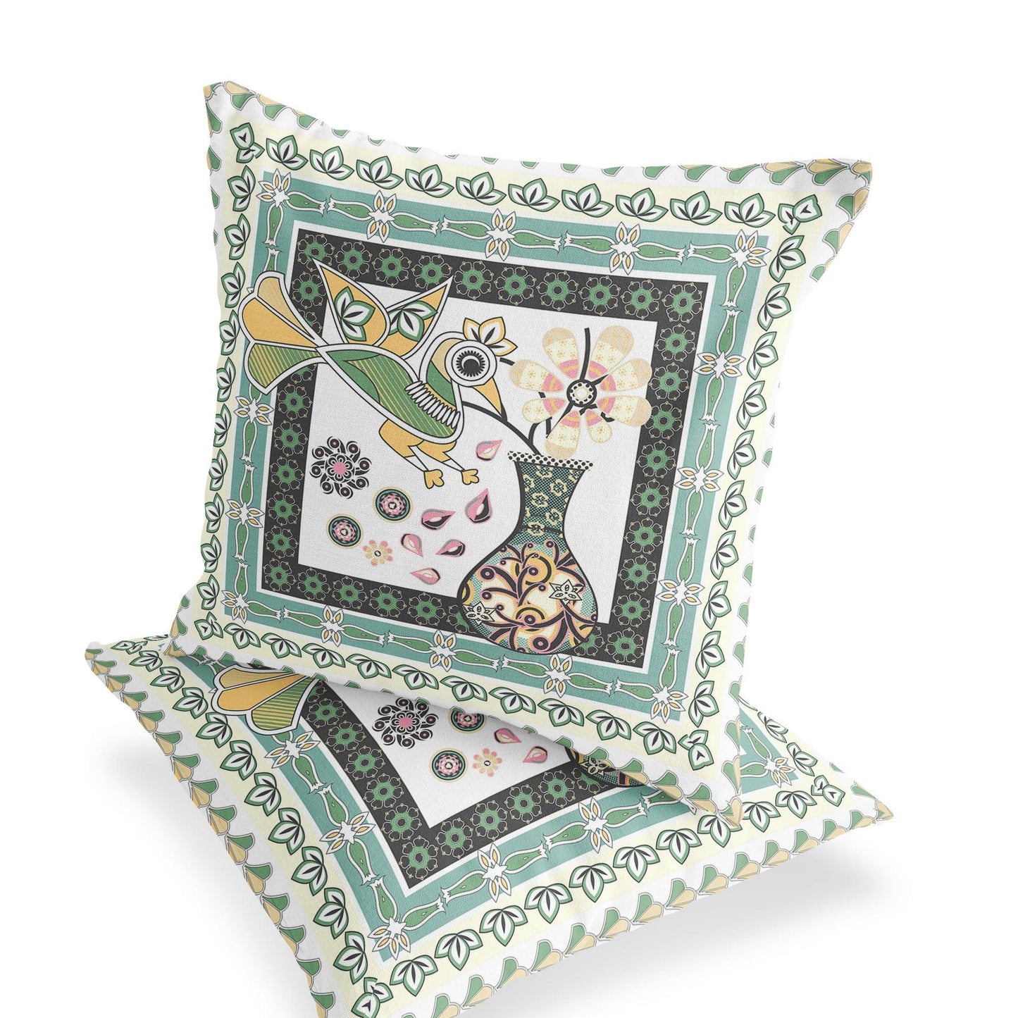 Set of Two 16" X 16" Green and White Peacock Blown Seam Floral Indoor Outdoor Throw Pillow - FurniFindUSA