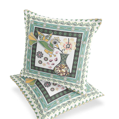 Set of Two 16" X 16" Green and White Peacock Blown Seam Floral Indoor Outdoor Throw Pillow - FurniFindUSA