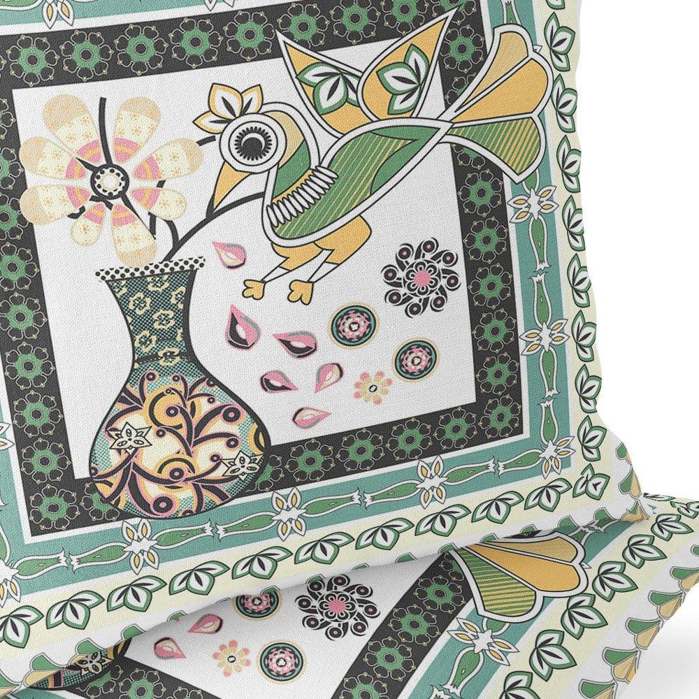 Set of Two 16" X 16" Green and White Peacock Blown Seam Floral Indoor Outdoor Throw Pillow - FurniFindUSA