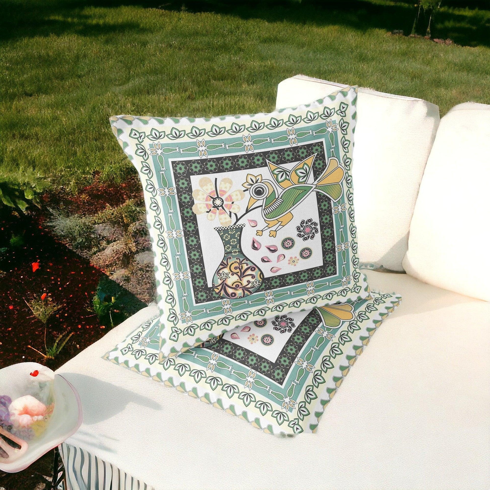 Set of Two 16" X 16" Green and White Peacock Blown Seam Floral Indoor Outdoor Throw Pillow - FurniFindUSA