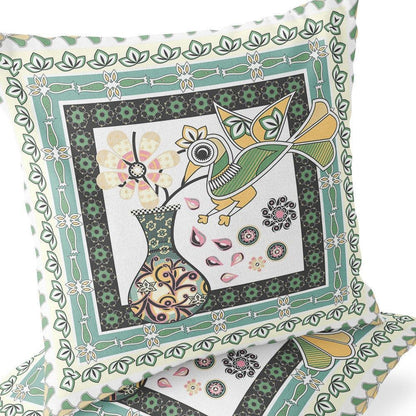 Set of Two 16" X 16" Green and White Peacock Blown Seam Floral Indoor Outdoor Throw Pillow - FurniFindUSA