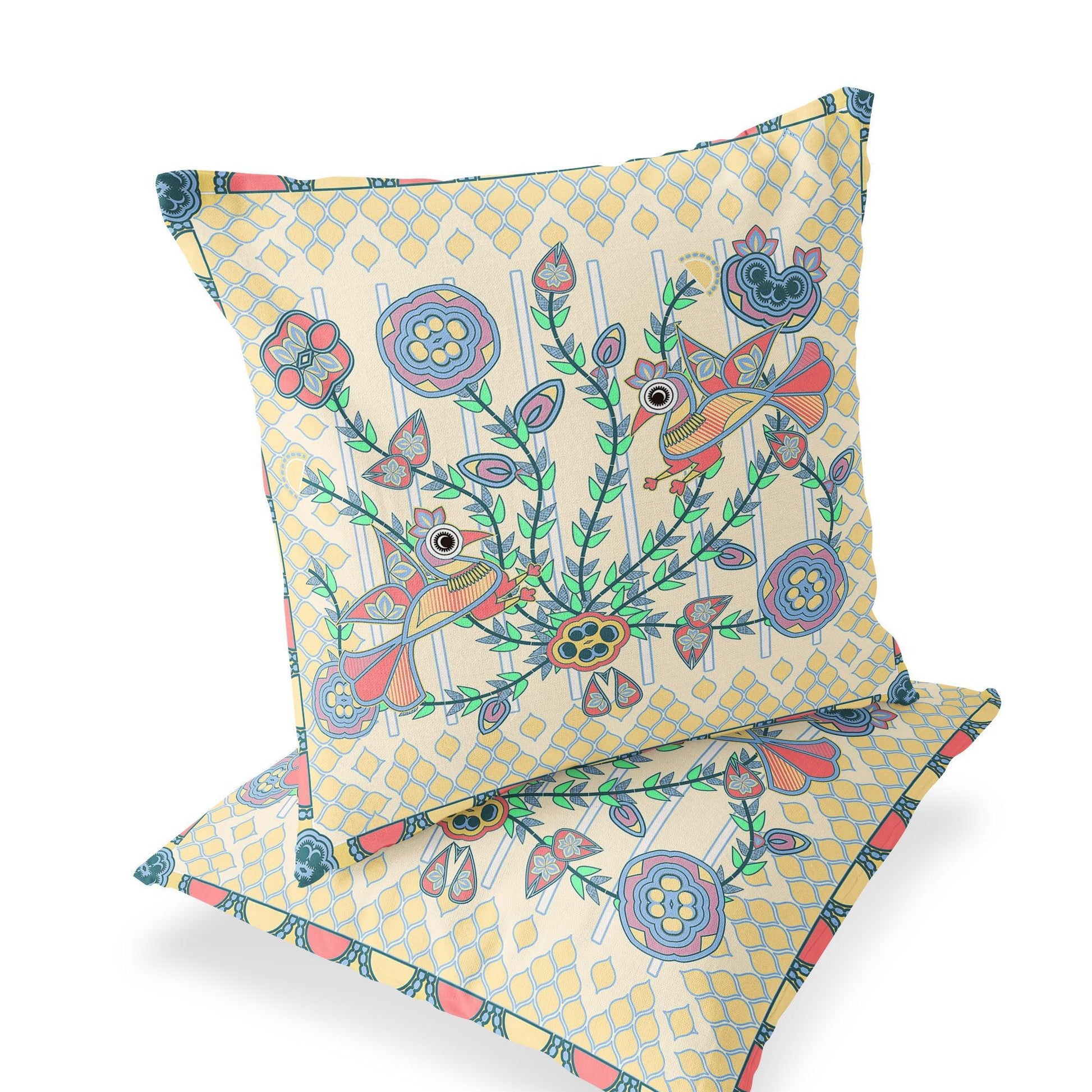 Set of Two 16" X 16" Blue and Yellow Peacock Blown Seam Floral Indoor Outdoor Throw Pillow - FurniFindUSA