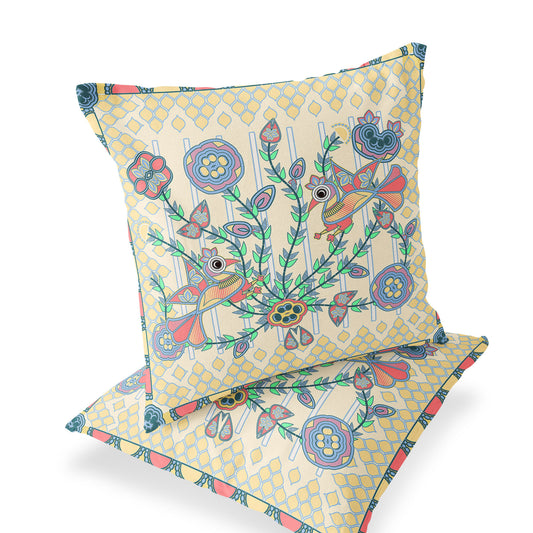 Set of Two 16" X 16" Blue and Yellow Peacock Blown Seam Floral Indoor Outdoor Throw Pillow