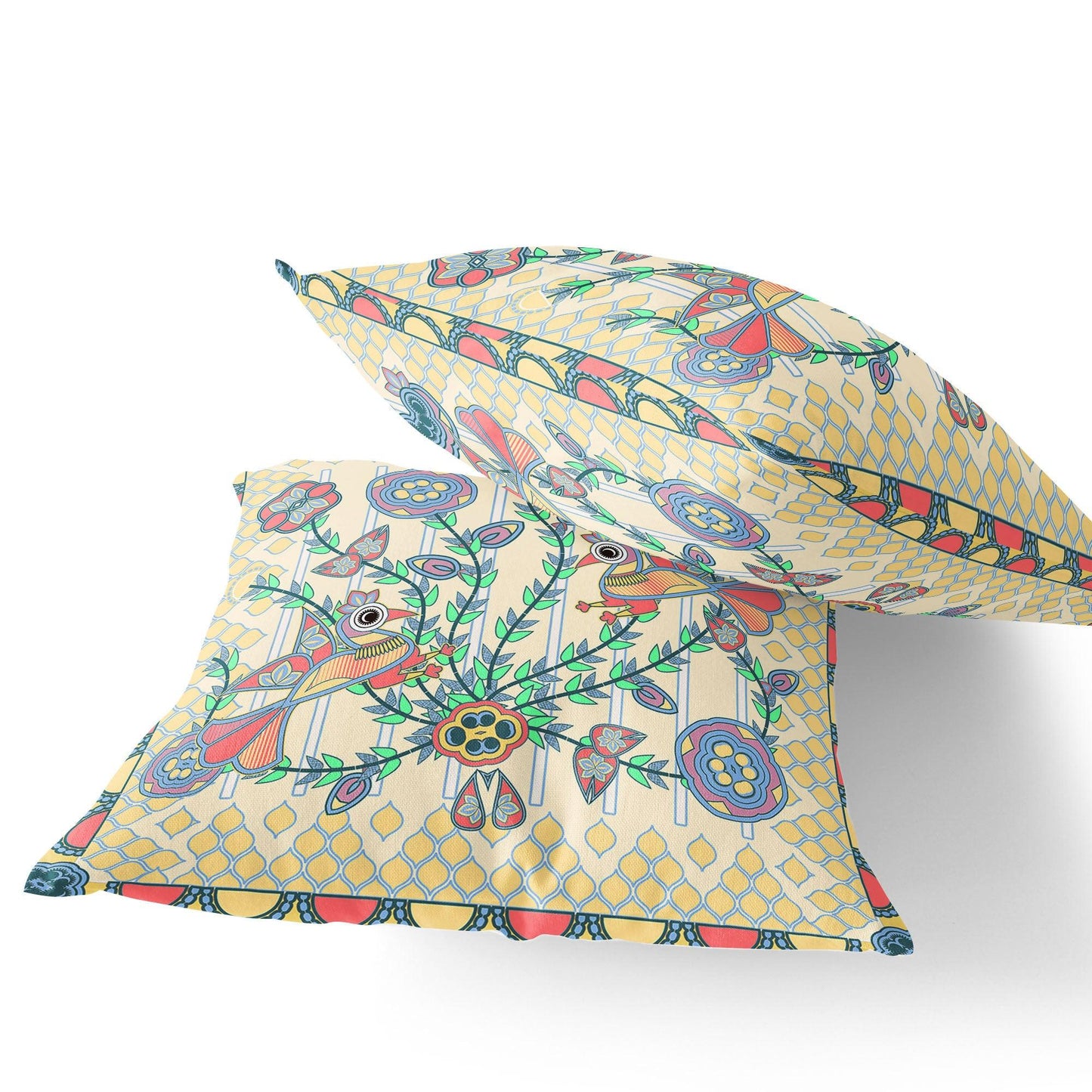 Set of Two 16" X 16" Blue and Yellow Peacock Blown Seam Floral Indoor Outdoor Throw Pillow - FurniFindUSA