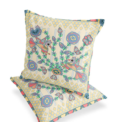 Set of Two 16" X 16" Blue and Yellow Peacock Blown Seam Floral Indoor Outdoor Throw Pillow - FurniFindUSA