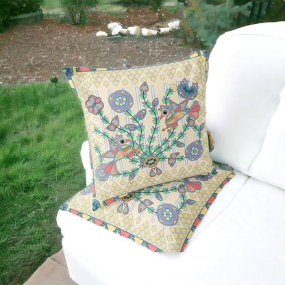 Set of Two 16" X 16" Blue and Yellow Peacock Blown Seam Floral Indoor Outdoor Throw Pillow - FurniFindUSA