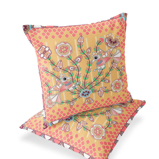 Set of Two 16" X 16" Yellow and Peach Peacock Blown Seam Floral Indoor Outdoor Throw Pillow - FurniFindUSA