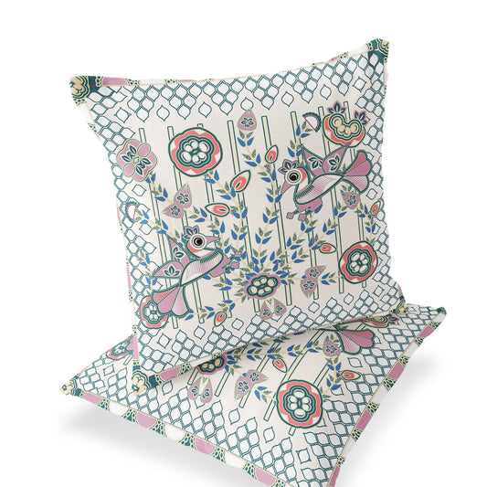 Set of Two 16" X 16" Blue and Off White Peacock Blown Seam Floral Indoor Outdoor Throw Pillow - FurniFindUSA