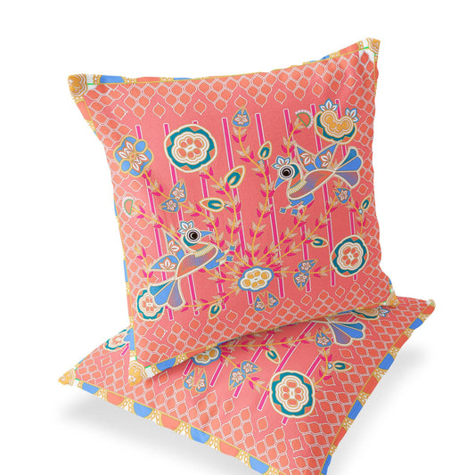 Set of Two 16" X 16" Blue and Pink Peacock Blown Seam Floral Indoor Outdoor Throw Pillow - FurniFindUSA