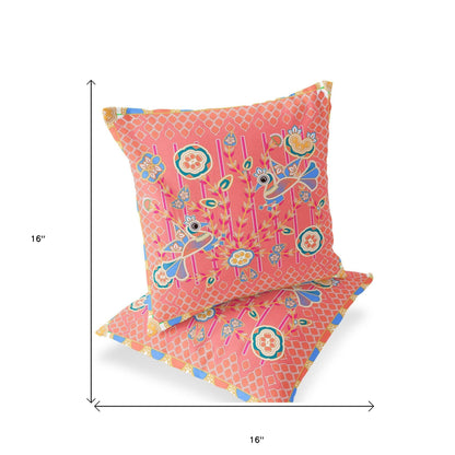 Set of Two 16" X 16" Blue and Pink Peacock Blown Seam Floral Indoor Outdoor Throw Pillow - FurniFindUSA