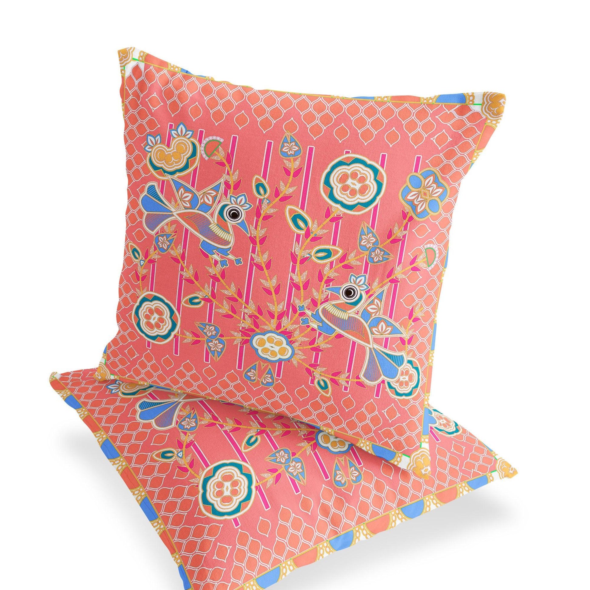 Set of Two 16" X 16" Blue and Pink Peacock Blown Seam Floral Indoor Outdoor Throw Pillow - FurniFindUSA