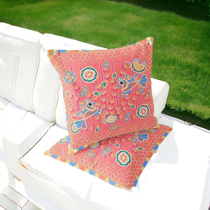 Set of Two 16" X 16" Blue and Pink Peacock Blown Seam Floral Indoor Outdoor Throw Pillow - FurniFindUSA