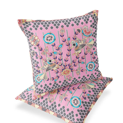Set of Two 16" X 16" Gray and Pink Peacock Blown Seam Floral Indoor Outdoor Throw Pillow - FurniFindUSA