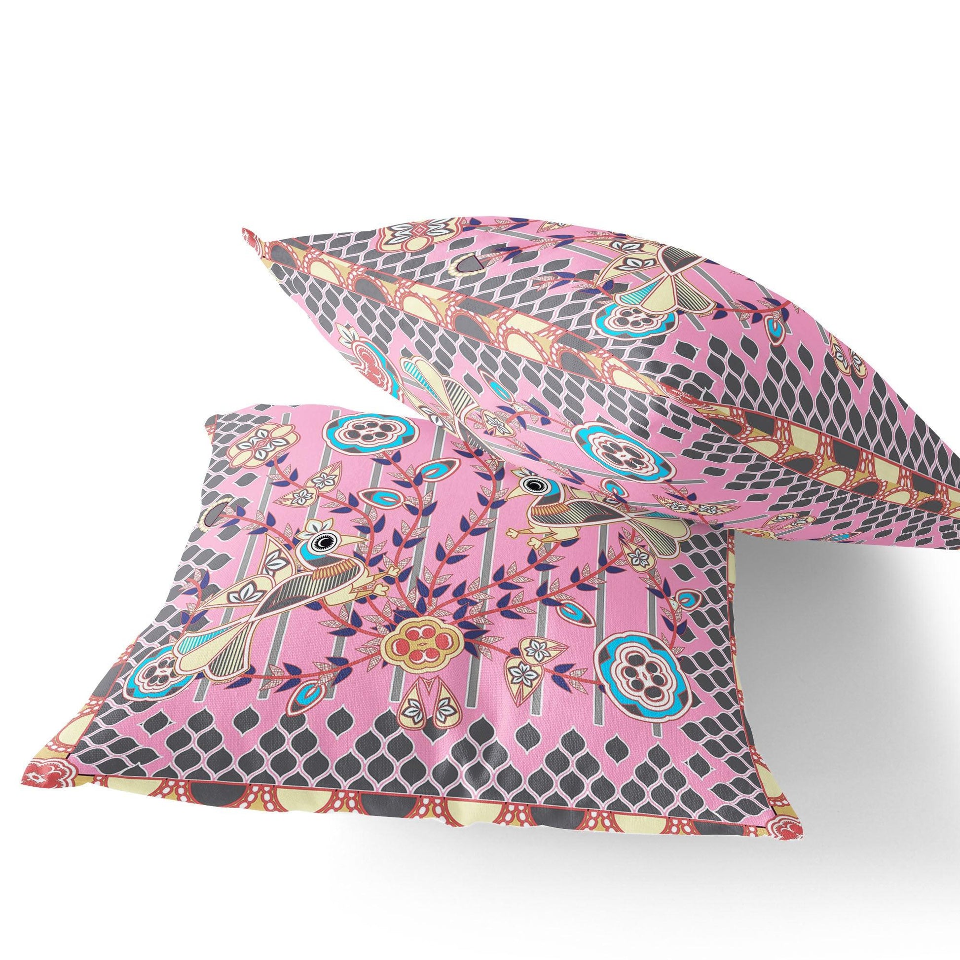 Set of Two 16" X 16" Gray and Pink Peacock Blown Seam Floral Indoor Outdoor Throw Pillow - FurniFindUSA