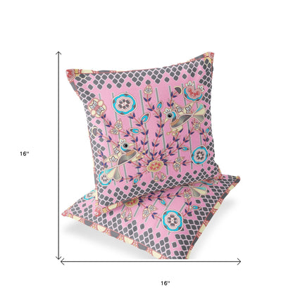 Set of Two 16" X 16" Gray and Pink Peacock Blown Seam Floral Indoor Outdoor Throw Pillow - FurniFindUSA