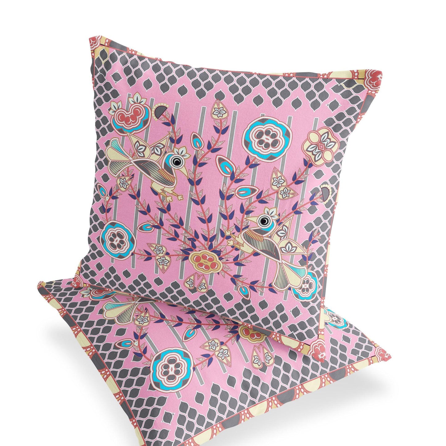 Set of Two 16" X 16" Gray and Pink Peacock Blown Seam Floral Indoor Outdoor Throw Pillow - FurniFindUSA