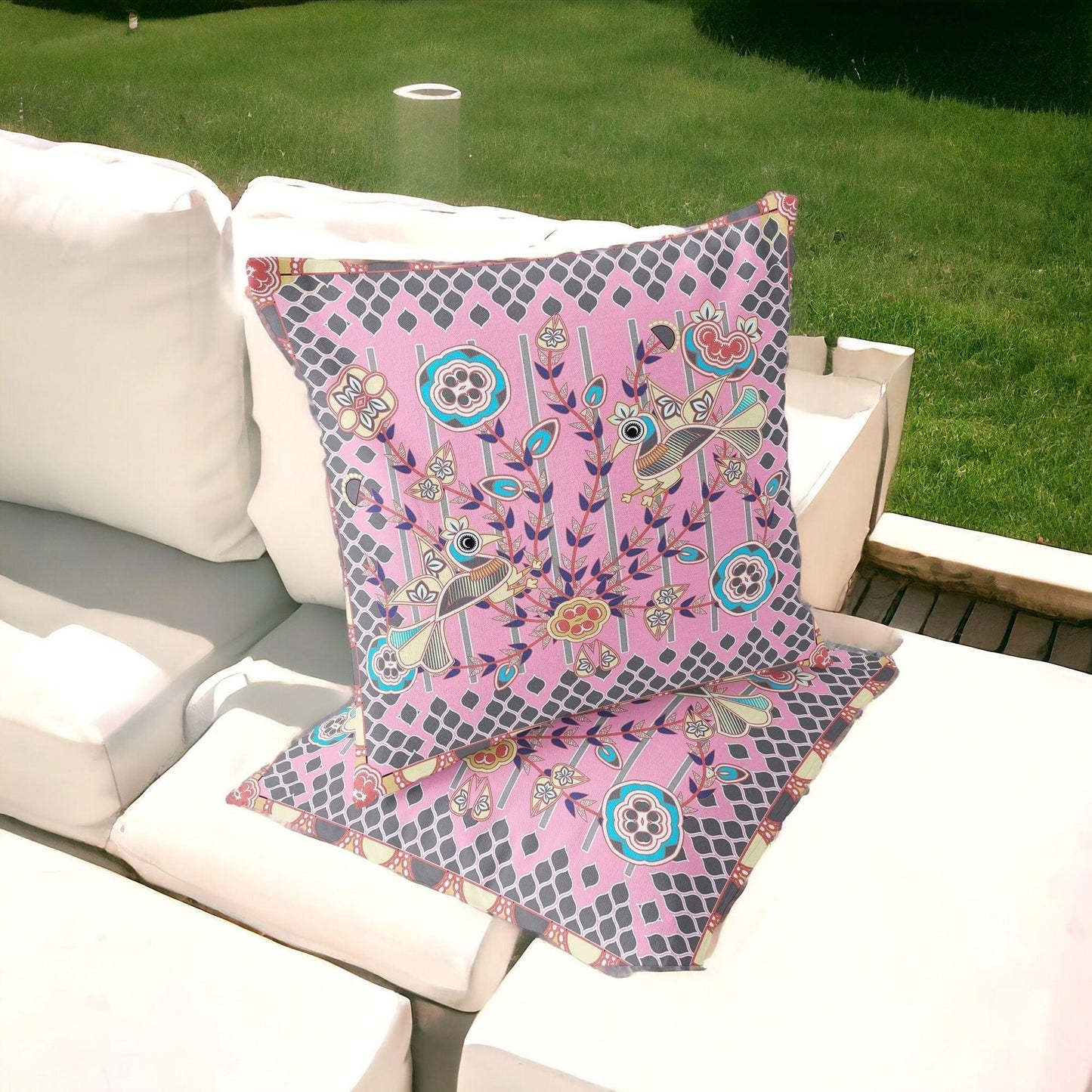 Set of Two 16" X 16" Gray and Pink Peacock Blown Seam Floral Indoor Outdoor Throw Pillow - FurniFindUSA