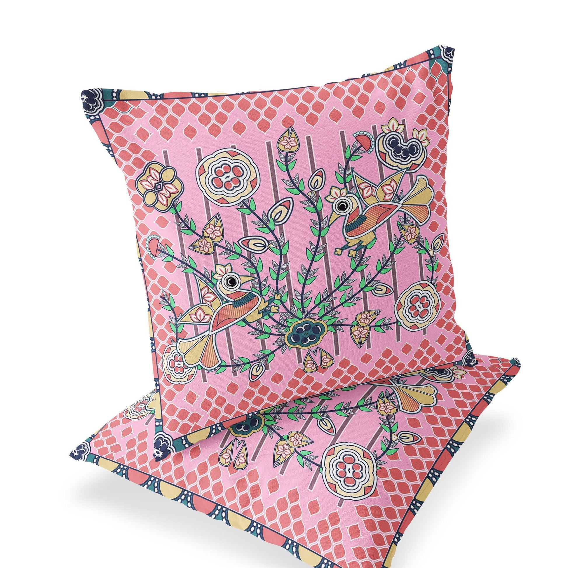 Set of Two 16" X 16" Yellow and Peach Peacock Blown Seam Floral Indoor Outdoor Throw Pillow - FurniFindUSA