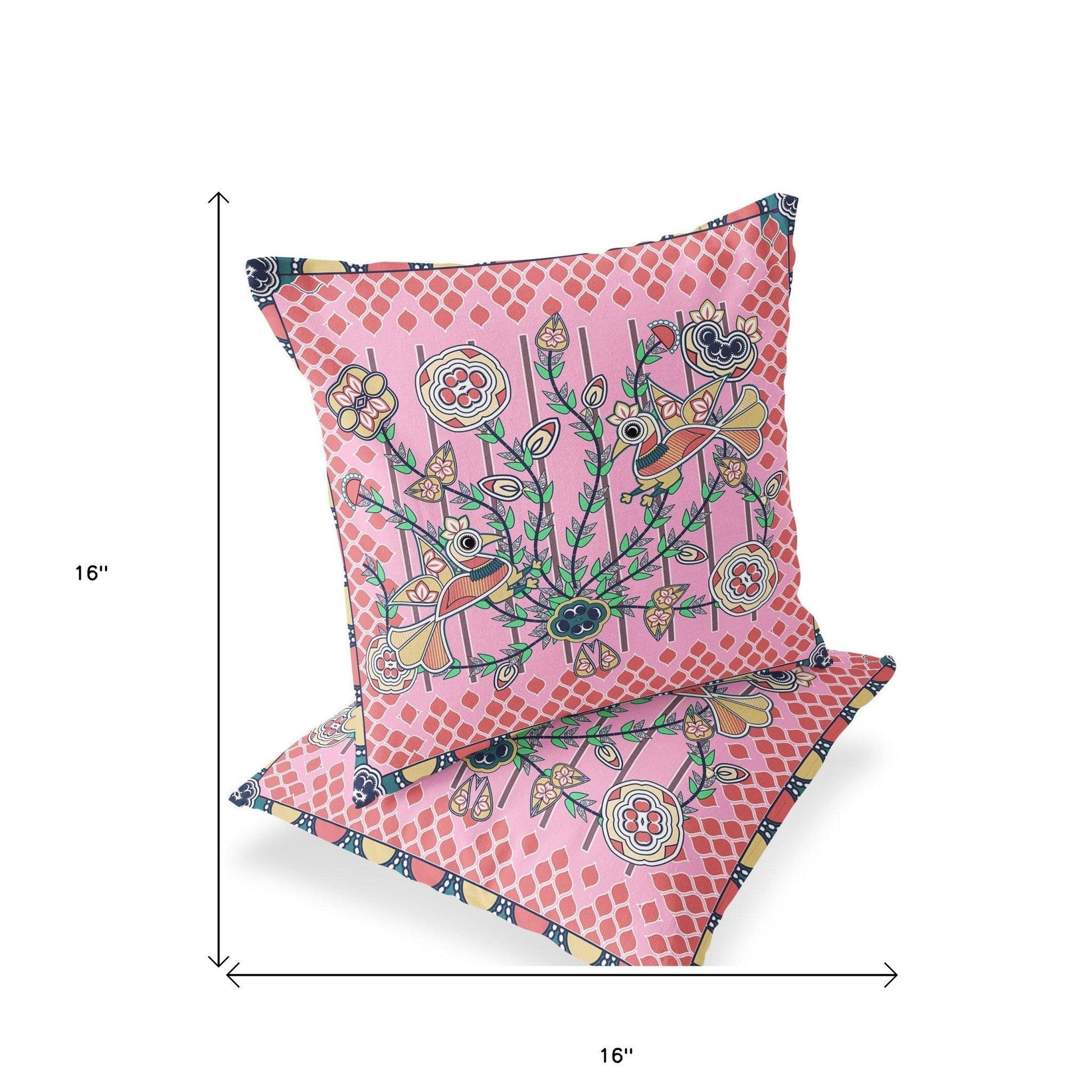 Set of Two 16" X 16" Yellow and Peach Peacock Blown Seam Floral Indoor Outdoor Throw Pillow - FurniFindUSA